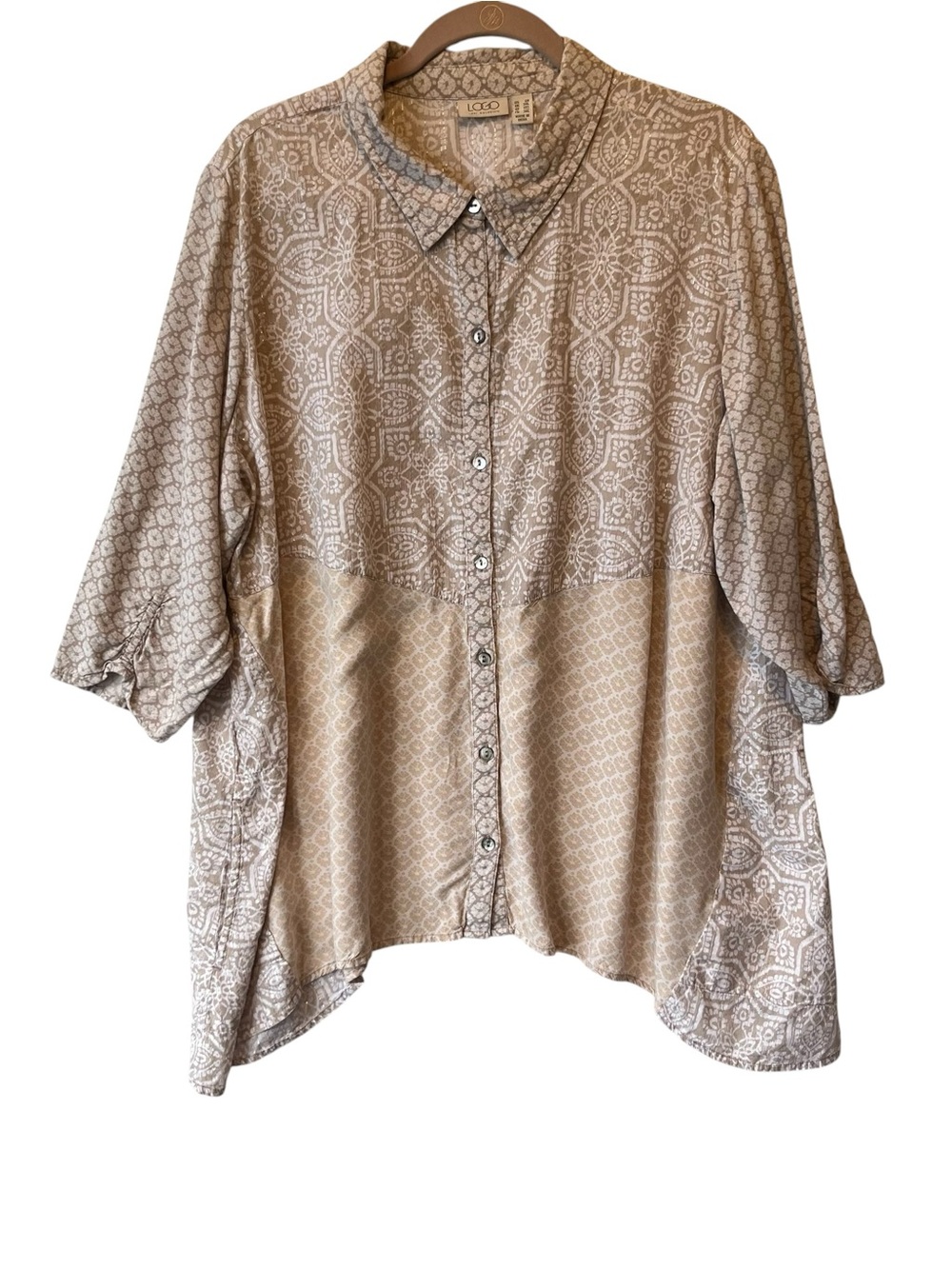 Logo Lori Goldstein button up tunic shirt 2X Beige 3/4 sleeves Womens top